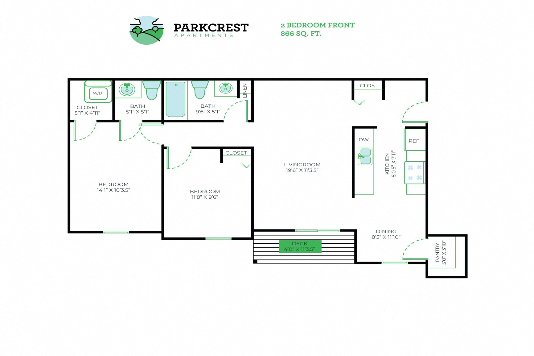 Floor plan for 2 beds, 1.5 baths, 866 sqft
